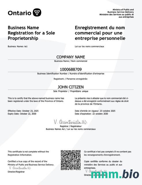 Kanadyjski certyfikat rejestracji nazwy firmy Ontario w formacie Word i PDF-szablon